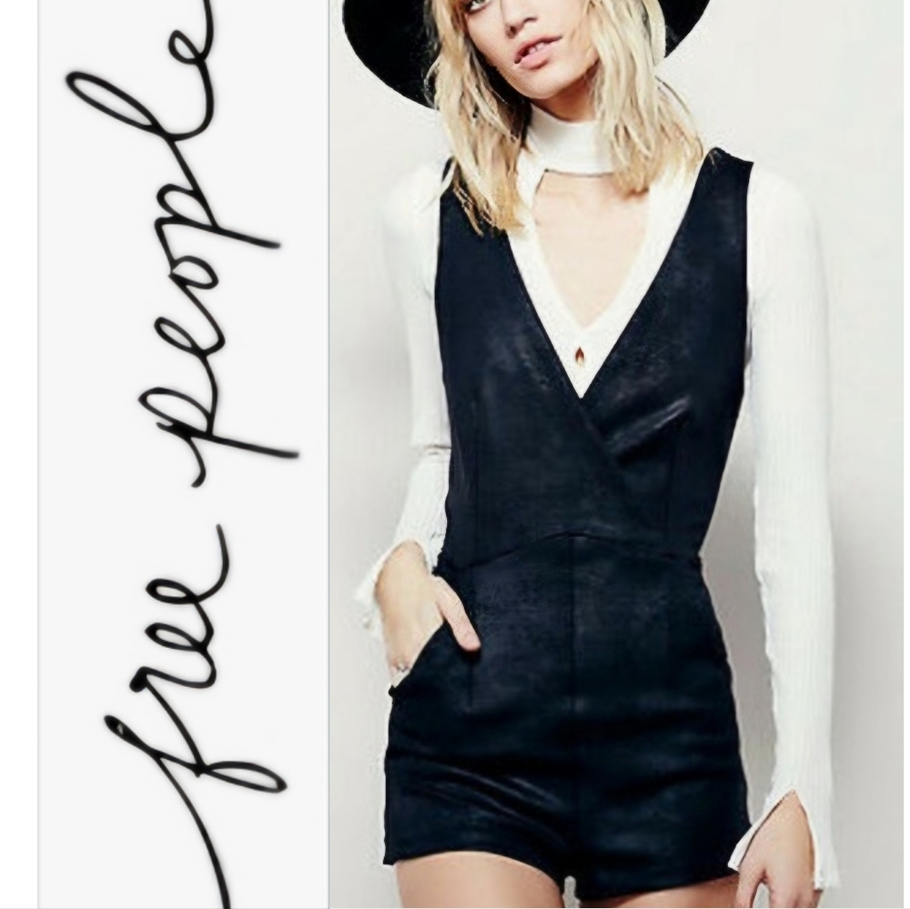 Free People Moonlight Romper Black Faux Leather Size 2 NWOT Edgy Sleeveless